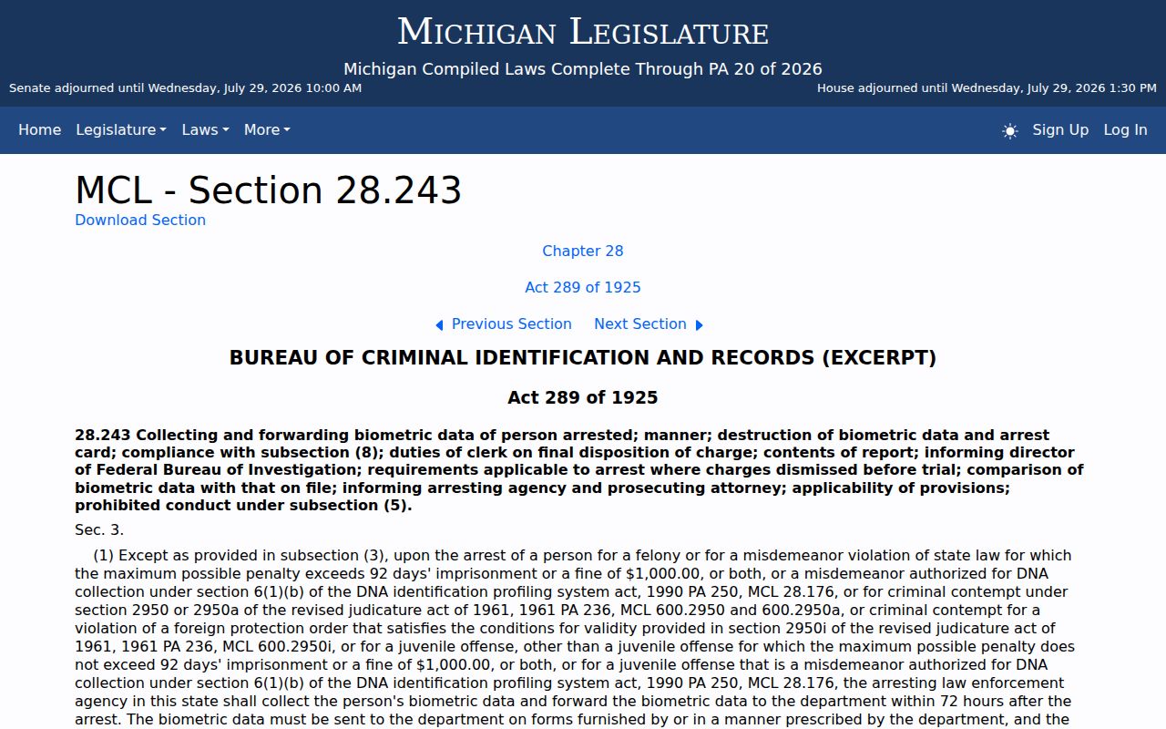 Mackinac County arrest fingerprint record law