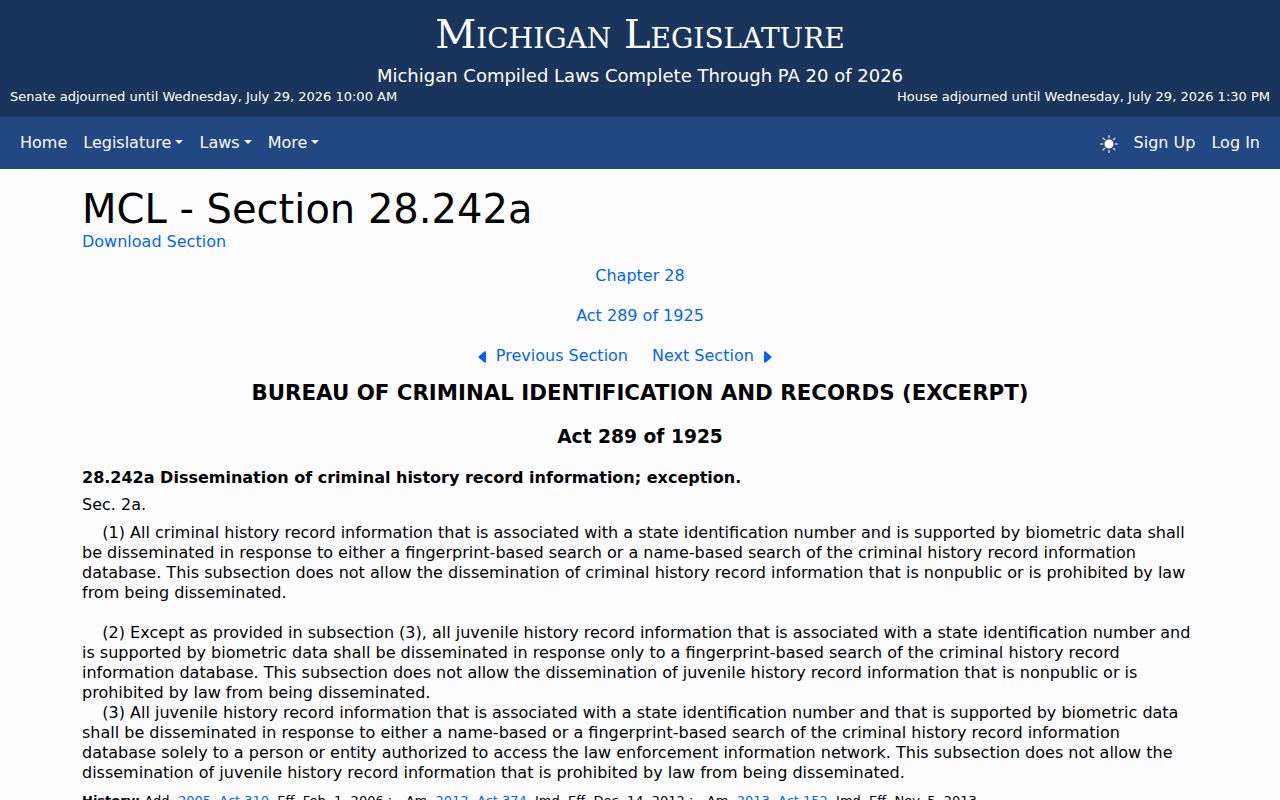 Mackinac County arrest history dissemination law