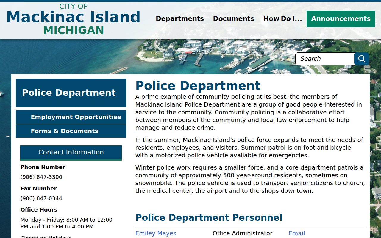 Mackinac Island Police Department record contact page